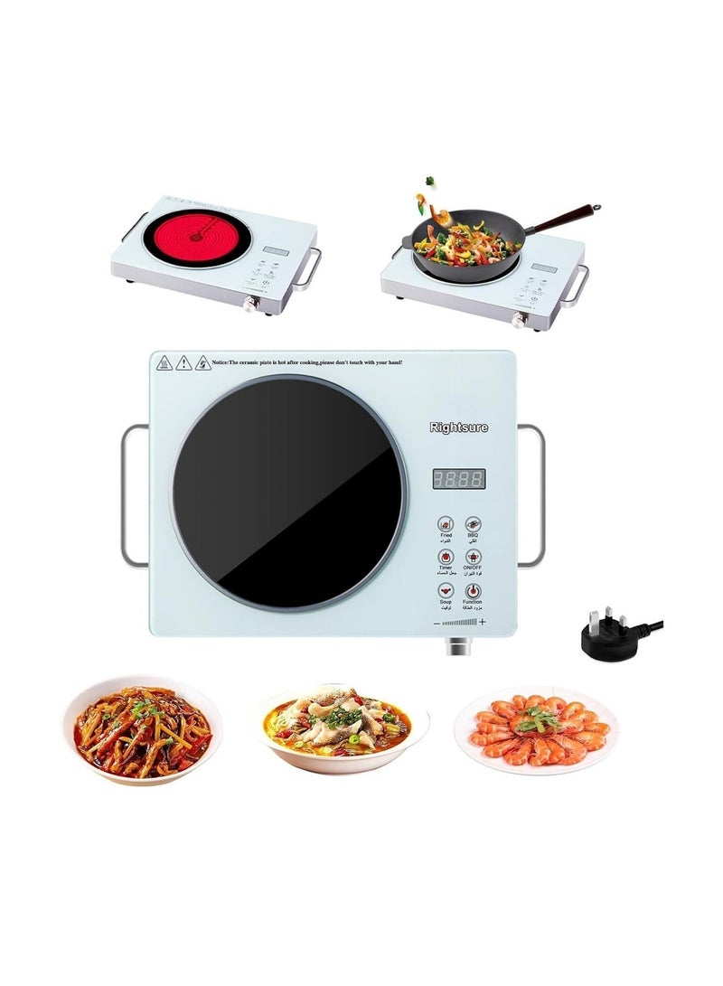 رايتشر لوحة تسخين كهربائية، طباخ بالأشعة تحت الحمراء، ألواح زجاجية بلورية مزدوجة بقدرة 2200 وات، طباخ سيراميك ساخن، موقد كهربائي محمول مع تحكم باللمس في درجة الحرارة المتغيرة، حماية من الحرارة الزائدة، أبيض - Image 1